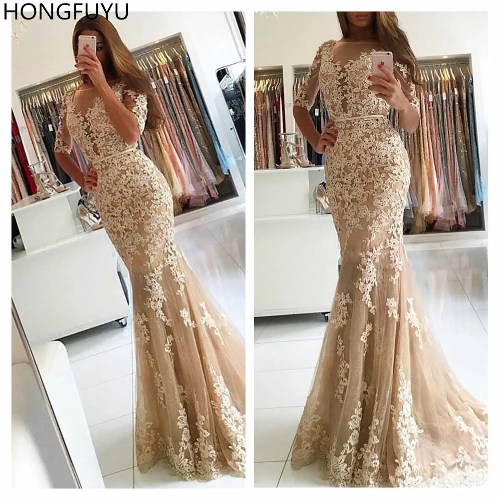 HONGFUYU Lace Champagne Evening Dresses Half Sleeves Mermaid Party Prom Dress Women's Formal vestido de festa Appliques | Свадьбы и
