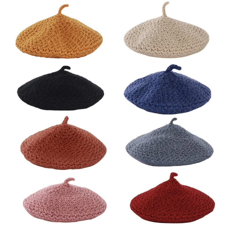 

Women Winter British Style Flat Knitted Beret Solid Color Handmade Chunky Crochet Vintage Outdoor Travel Painter Beanies Hat