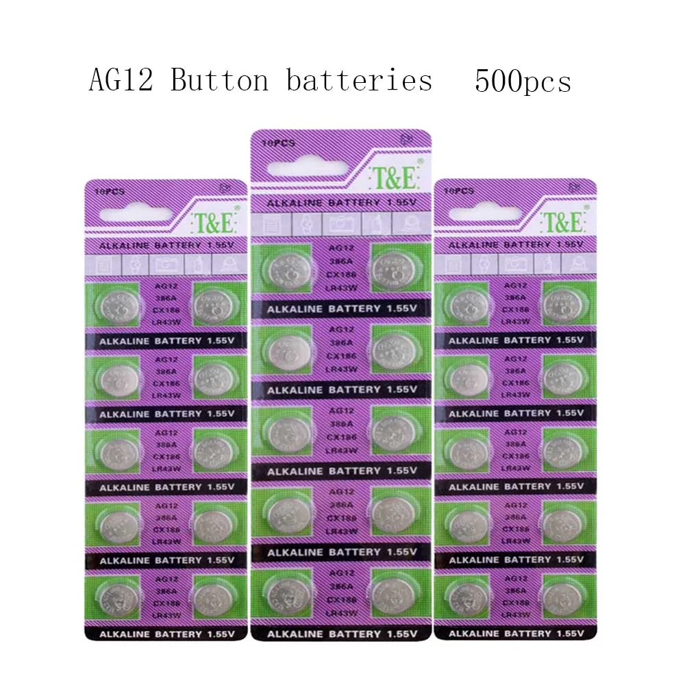 

500pcs=50Card 100mAh AG12 1.55V Alkaline Battery LR43 SR43 260 386 For Watch Coin Cell Batteries
