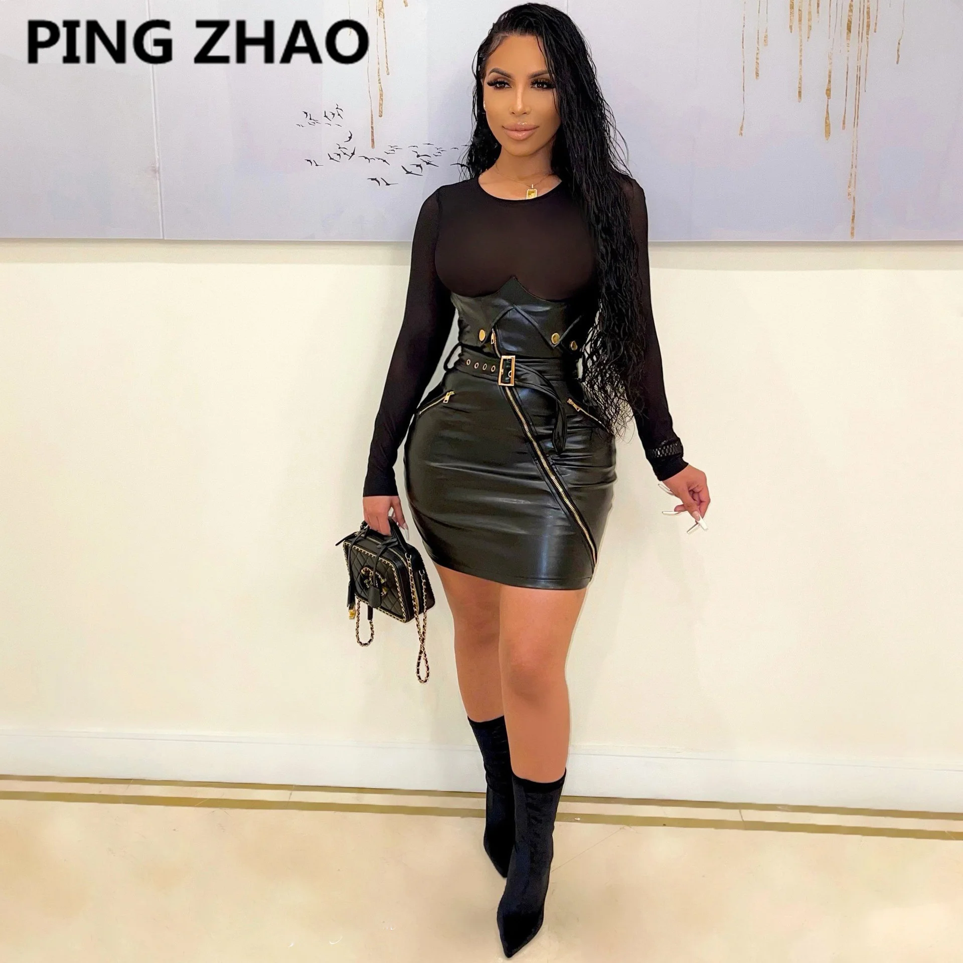 

Женское Сетчатое платье-карандаш из искусственной кожи, с длинным рукавом