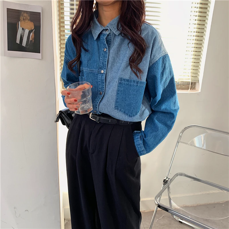 HziriP OL Style Elegant Women Denim Blouse 2020 New Long Sleeve Stitching Loose Jeans Shirt Vintage Office Ladies Tops Blusas |