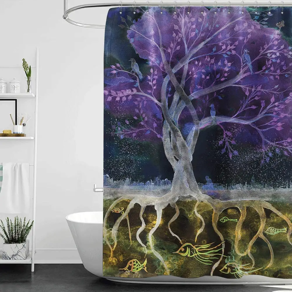 

Tree of Life Psychedelic Magical Mysterious Tree at Night with Birds and Fishes Home Curtain