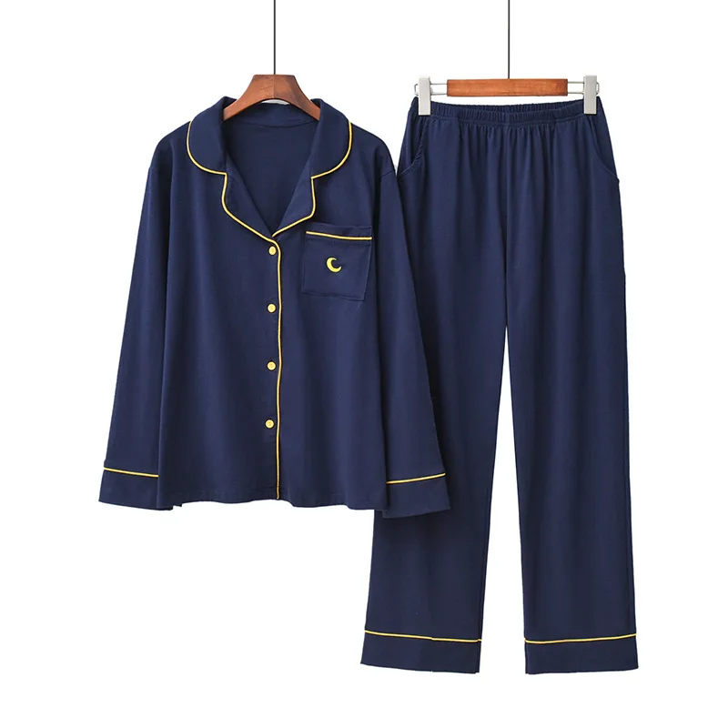 

Женский костюм с длинным рукавом, из 100% хлопка, с вышивкой в виде Луны, для дома, для весны и осени, пижама с лацканами