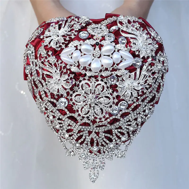 

Полностью Алмазный темно-красный цветочный свадебный букет невесты с ручным цветком W520