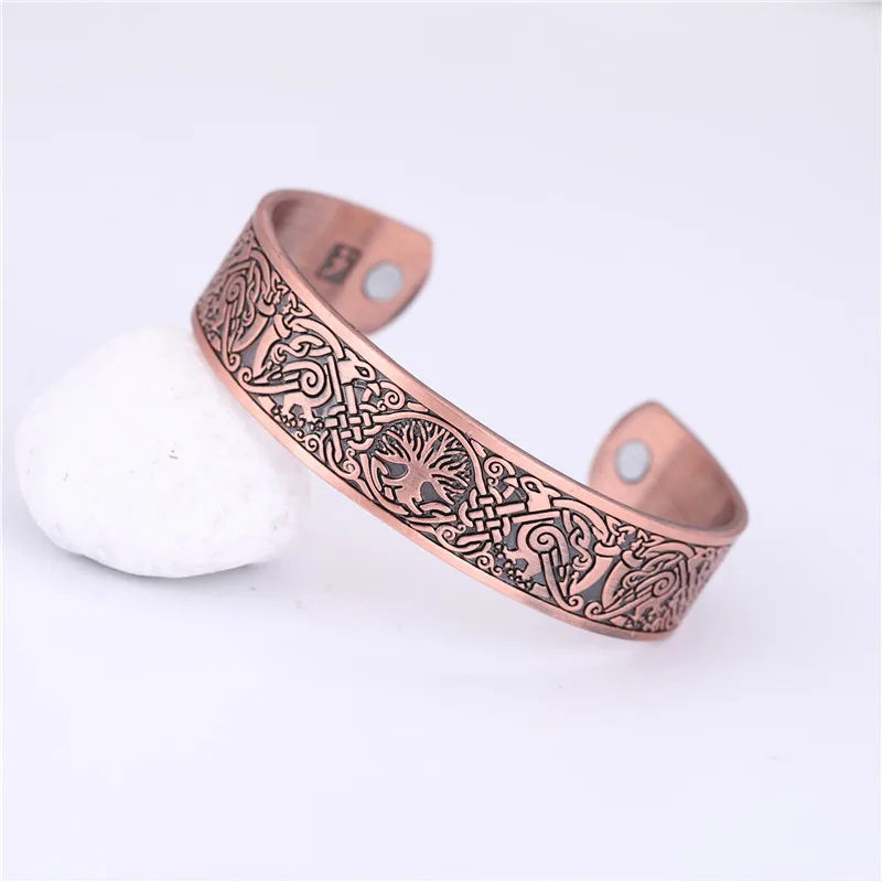 Antique Copper Skyrim Vintage Tree of Life Ravens Birds Cuff Bracelets Magnetic Health Open Viking Amulet Bangles For Men Nordic Myth Jewelry - Окраска металла: Antique Copper