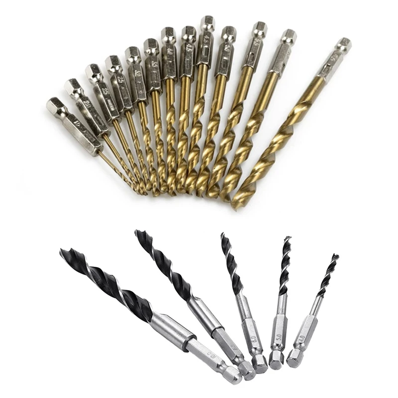 

New 13Pcs High Speed Steel Titanium Coated Drill Bit Set & 5x HSS 1/4 Inch Hex Shank Brad Point Twist Drill Bits Set