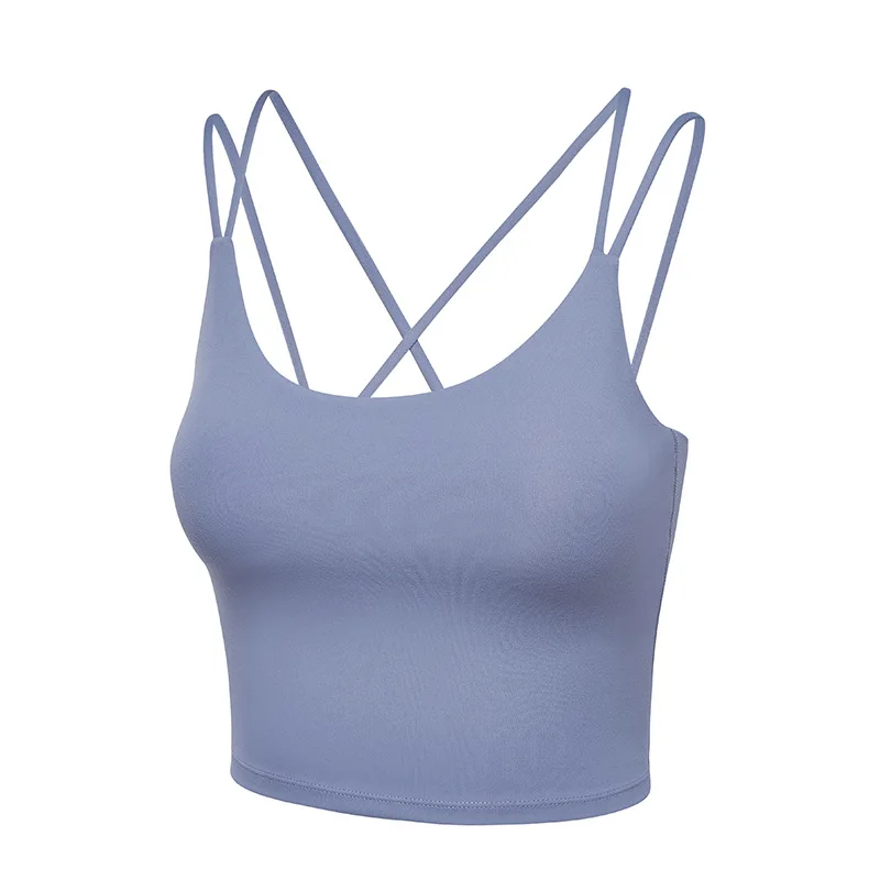 

ZZSLHL Summer Gym Vest Women Fitness Crop Tops Strap Sports Bra with Pad Stretch Yoga Workout Running Active Wear Solid Color