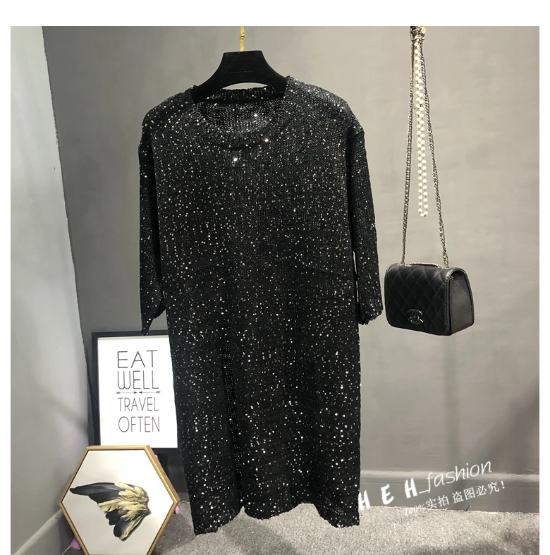 Cakucool Новые блестящие вязаные свитера платье Весна Круглая горловина половина