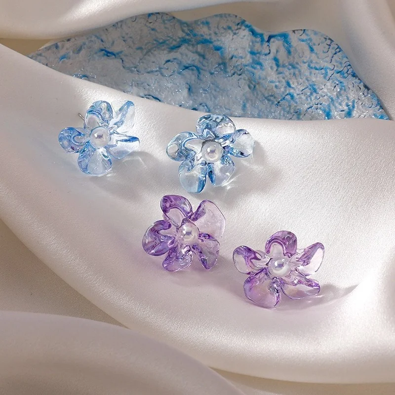 

U-Magical Fairy Textured Flower Simulation Pearl Dangle Earring for Women Purple Blue Resin Party Earrings Jewelry Pendientes