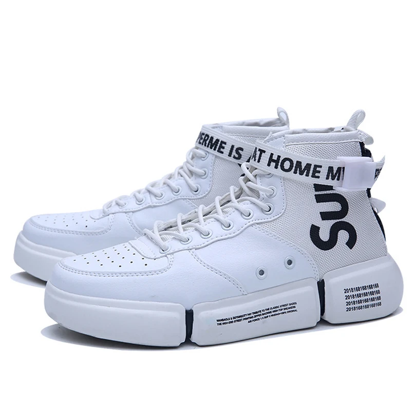 Весенне-осенняя мужская обувь с высоким берцем из вулканизированной кожи; однотонная обувь из искусственной кожи на шнуровке с белыми буквенными принтами и пряжкой; повседневная обувь на толстой подошве для мужчин; BINHIIRO - Цвет: White - WD883