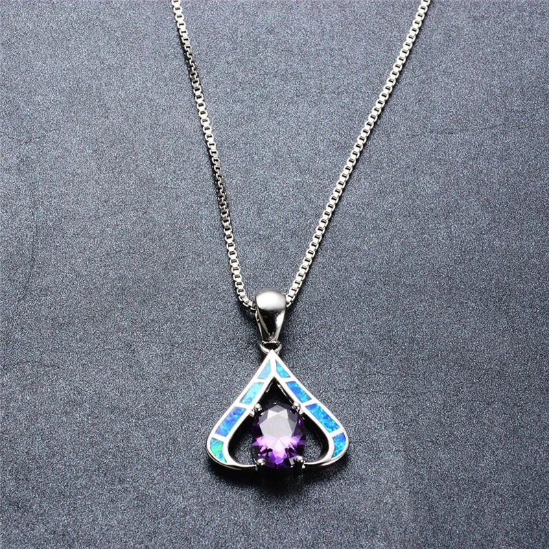 

Vintage Sliver Color Chain Necklace Dainty Female Purple Crystal Pendant Necklaces For Women Oval Stone Wedding Opal Jewelry