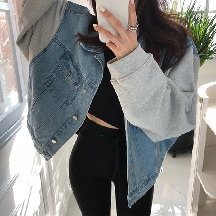 

Outerwear High Street Fashionable Jeans Autumn Winter Women Denim Jackets Patchwork Turn-down Collar