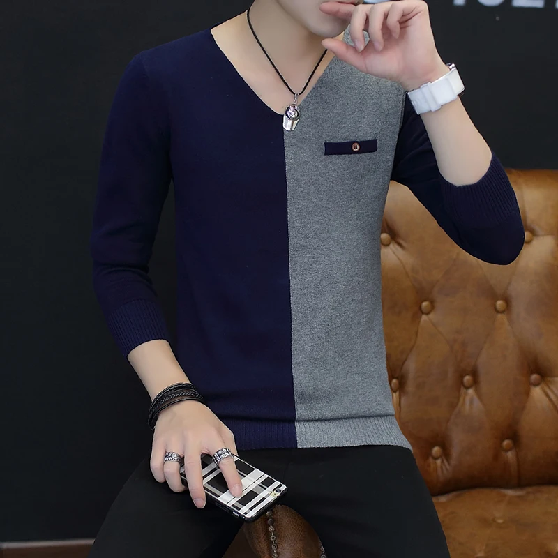 

Осенне-зимний мужской хлопковый свитер контрастных цветов с V-образным вырезом