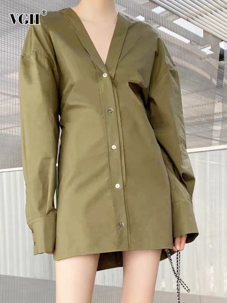 

VGH High Street Casual Dress For Women V Neck Loose Long Sleeve Single Breasted Plain Mini A Line Dresses Female 2021 Autumn New