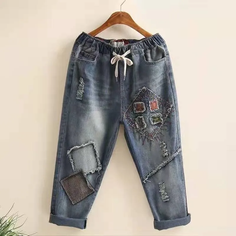 

Женские рваные джинсы, свободные хлопковые штаны до щиколотки с эластичной талией и вышивкой, модель W141 на лето, 2021