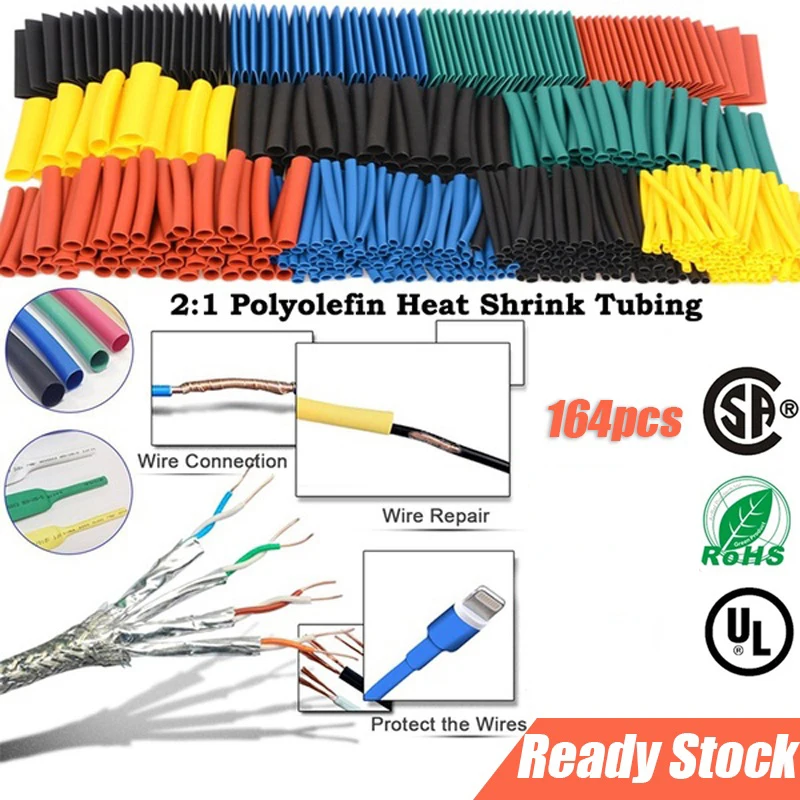 164pcs 2:1 Heat Shrink Tube Kit Shrinking Assorted Polyolefin Insulation Sleeving Wire Cable 8 Sizes |
