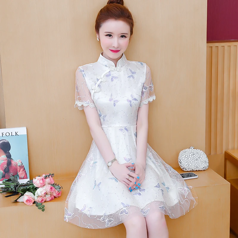 

Sweet girl QiPaoShi lace heavy process improvement embroidered show thin pure and fresh quietly elegant Chinese style dress