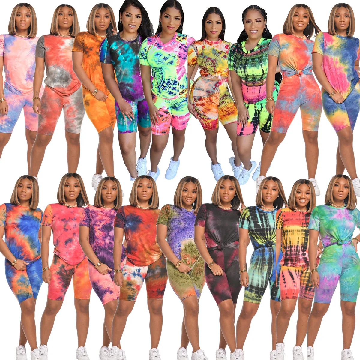 

S-2XL Fashion 2 Piece Outfit Women Summer 2021 Clothing Tie Dye Printing Top And Shorts Two Piece Set Wholesale Dropshipping