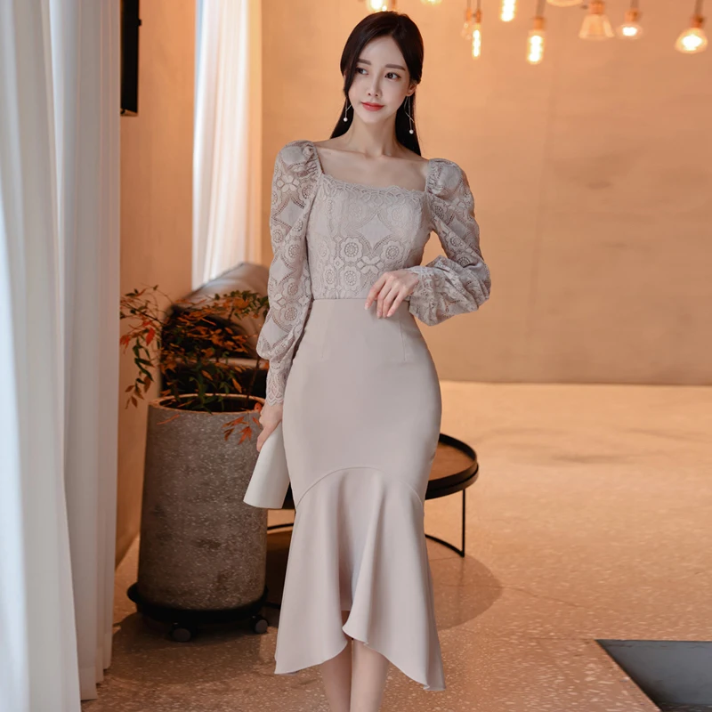 

Women New Spring Work 2 Pieces Set Lantern Sleeve Lace Blouses Top & Designer High Waist Mermaid Skirt Korean Simple Skirt Suit