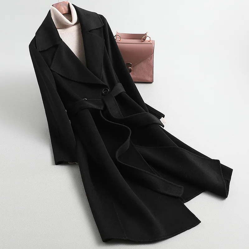 

Женское зимнее двустороннее кашемировое пальто в стиле французской Хепберн, длинная модная однотонная верхняя одежда, женская