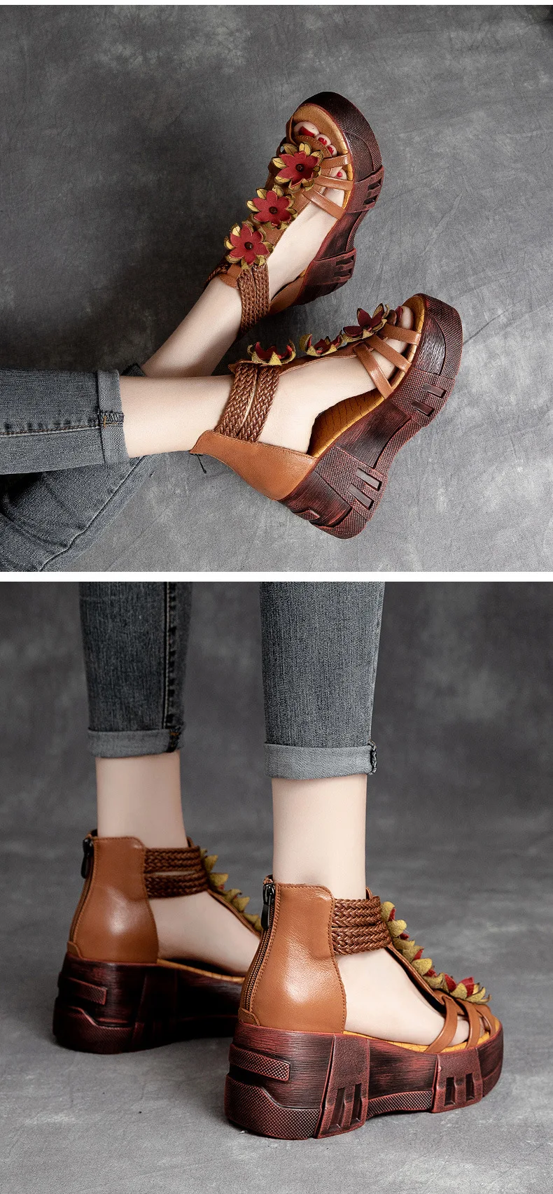 

2021 summer new leather platform bohemian style round head fish mouth with flower sponge cake ladies sandals