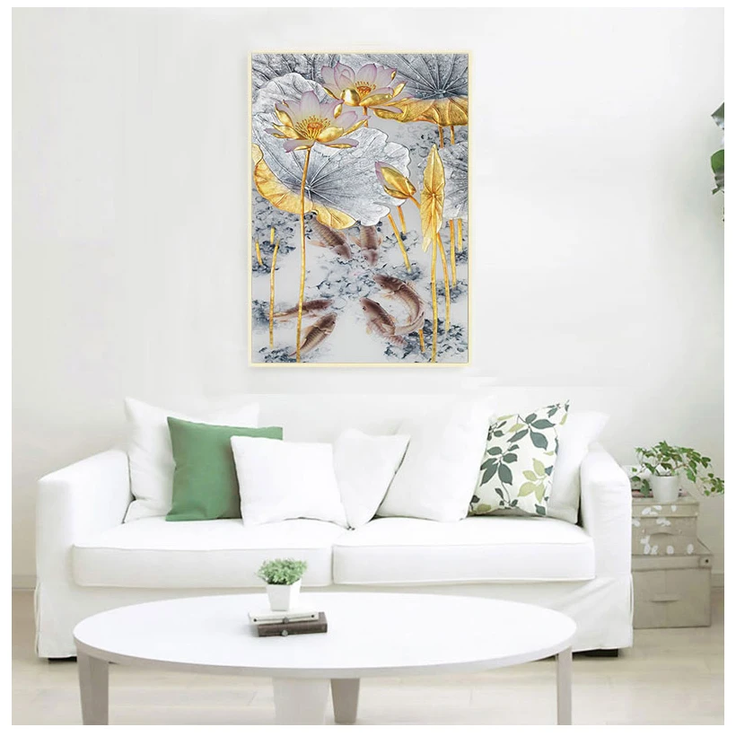 

Абстрактная Картина на холсте с изображением рыб Золотой лотос, Постер, Новый декор в китайском стиле, настенные картины для гостиной, корид...