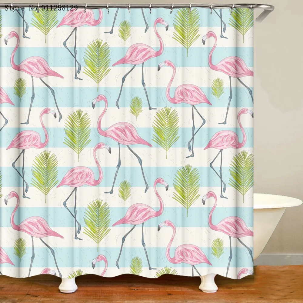 

Flamingo Waterproof Print Shower Curtain 4 Piece Toilet Lid Cover Anti-slip Soft Rugs Bath Mat Pink Animals Bathroom Set Decor