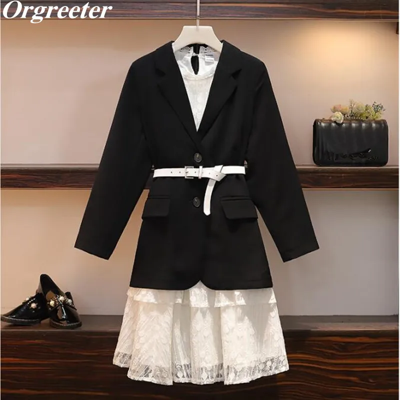 Black черный блейзер кружевное платье Женский комплект из двух частей 2019 Осень