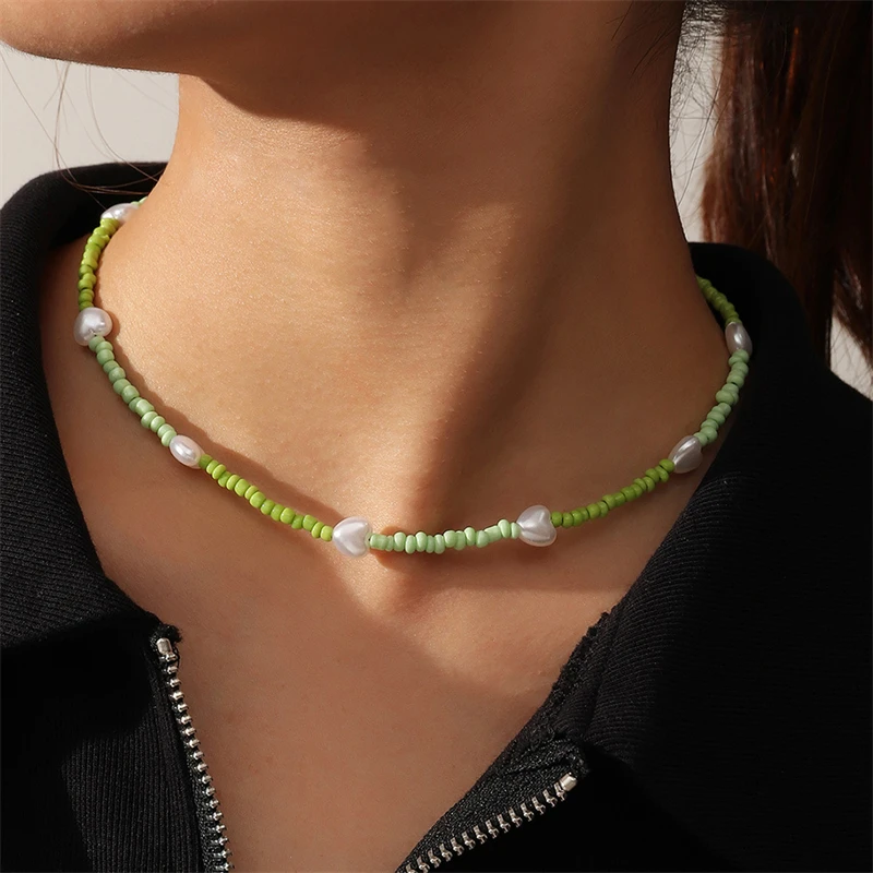 

Bohemian Beach Style Creative Imitation Pearl Heart-Shaped Necklace Simple And Cute Candy Color Rice Bead Beaded Necklace Female