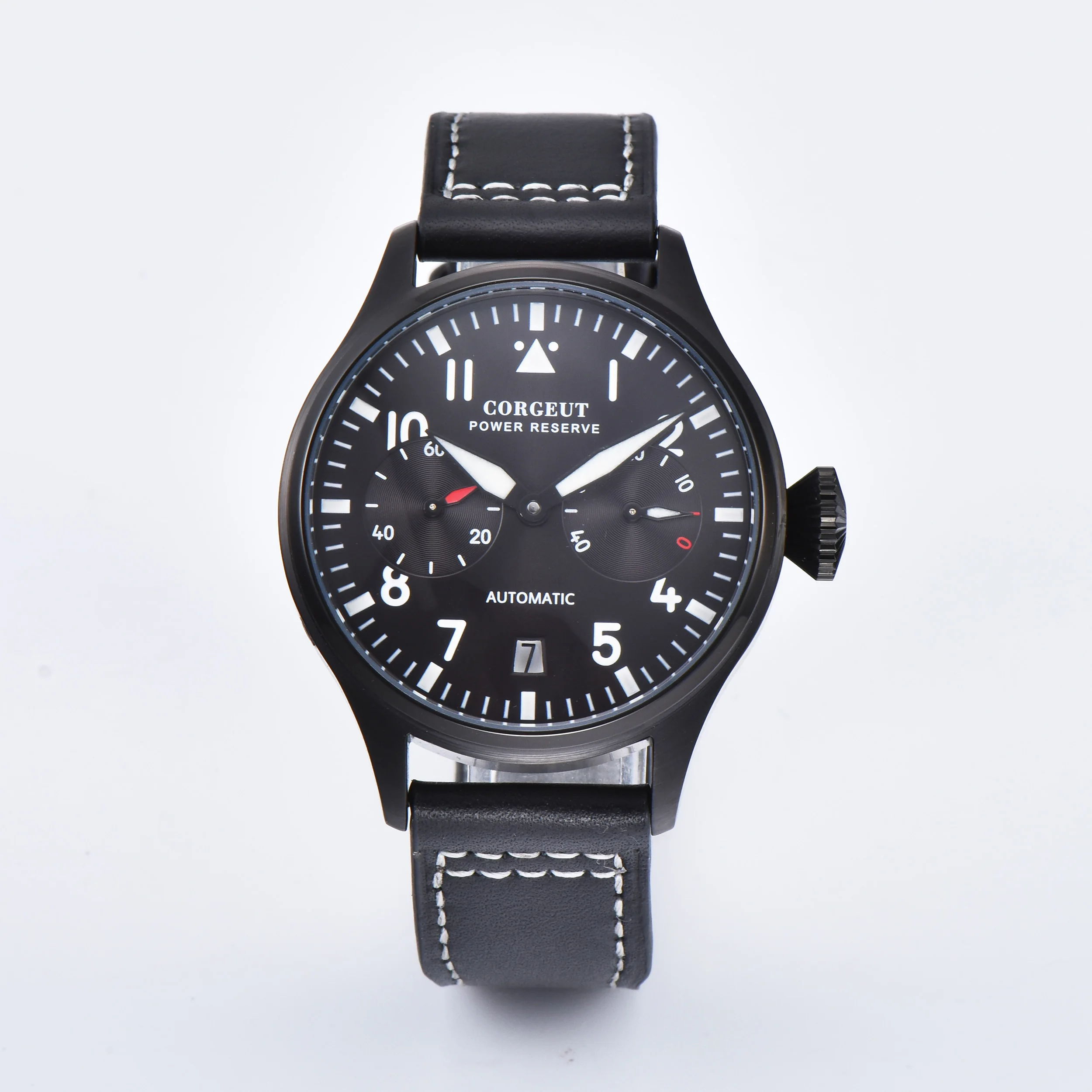 Corgeut 42 мм черный циферблат запаса хода с окошком даты PVD Чехол Мужские часы