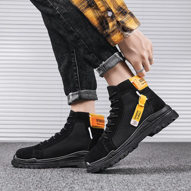 

AIZHETU Men Lightweight High Top Casual Motorcycle Boots Men Waterproof Lace Up Autumn Winter Boots Men Non Slip Military Ankle