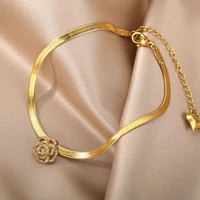 zircon rose flower anklet for women stainless steel gold snake chains anklet bracelet beach leg foot bracelets boho jewelry gift