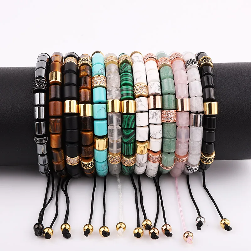 

New Design Natural Stone Custom Tube Beads Bracelet CZ Charm Macrame Adjustable Bracelet Men Women