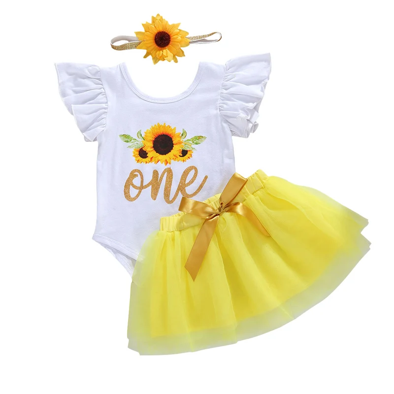 

Pudcoco 6-24M 3Pcs Newborn Kids Baby Girls Princess Clothes Sets Sunflowers Letter Ruffles Sleeve Romper +Lace Skirt+Headband