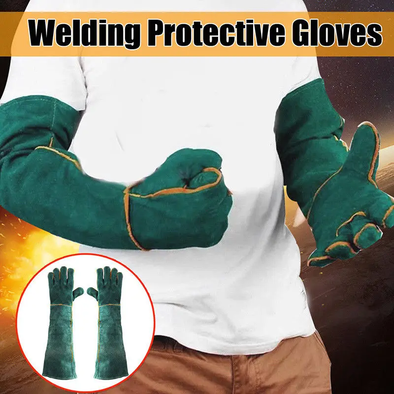 

60cm Green Welders Gloves Cow Split Leather Factory Gardening Welding Wood Stove Work Gloves Heat Resistant Long section