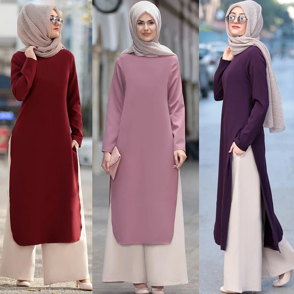 

Muslim Abaya Dress Long Tops Arab Turkey Dubai Brief Solid Side Split O Neck Long Sleeve Top Eid Ranmadan Islamic Clothing Ropa