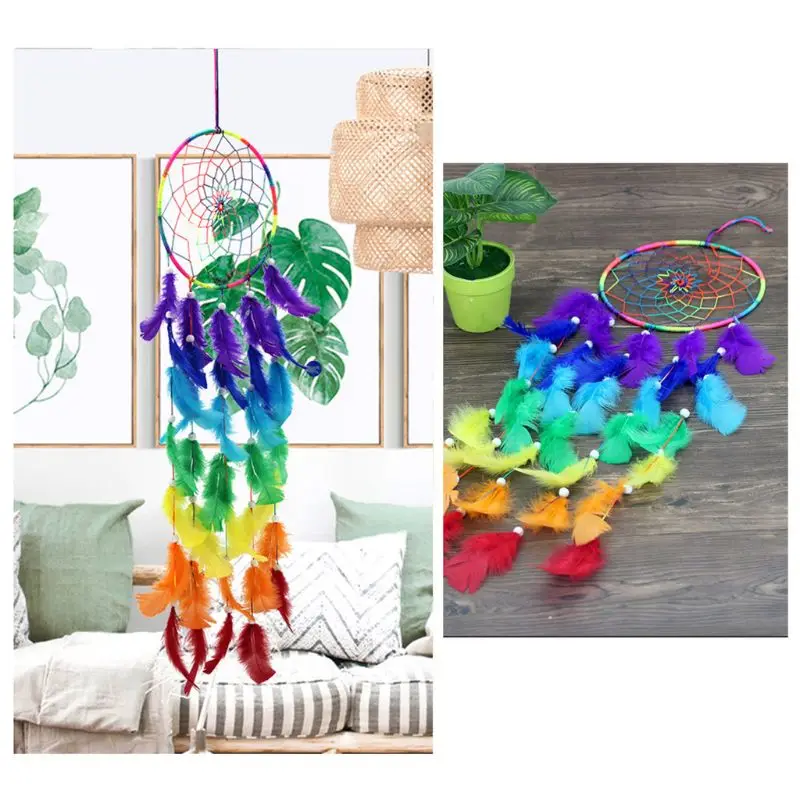 Atrapasueños de colores para decoración del hogar, atrapasueños hecho a mano, pluma tradicional de arcoíris, artesanía para dormitorio de niños