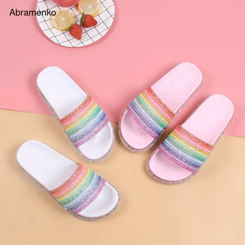 

Rainbow Bling Slippers For Girls Summer Non-Slip Soft Beach Ladies Slides Flats Shoes Home Women Slipper Outdoor Footwear Sandal