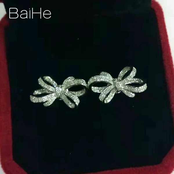 BAIHE Твердые 14 к желтое золото 0.32ct H/SI натуральные бриллианты свадебные женские модные ювелирные украшения красивый бант серьги-гвоздики с бриллиантами