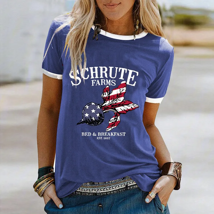 

Schrute Farms Print Women Patchwork Tshirts Independence Day American Radish Flag Graphic Tops Plus Size Summer Harajuku Clothes