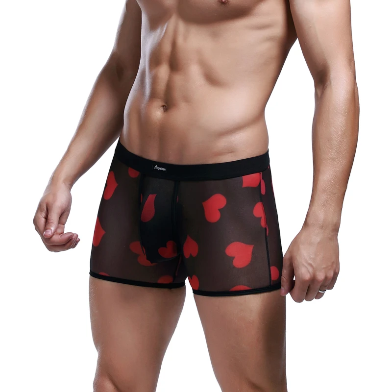 

New Men Heart Print Panties Sexy Mesh Low Waist Breathable Underwear Soft Comfortable Fashion Casual Daily Male Boxer
