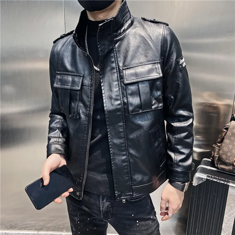 

2021 Autumn Men's Leather Jackets Fashion Big Pocket Motorcycle Bike PU Leather Jacket Turn Down Collar Streetwear Social Coat