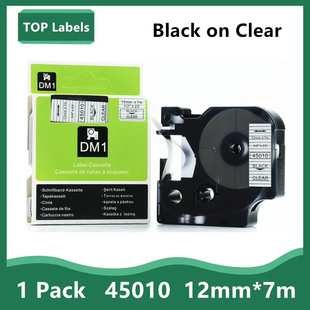 1PK 12 мм D1 ярлыки 45010 черный на прозрачном для DYMO LabelManager 160 100 150 200 210P 280 300 350D 400 450D