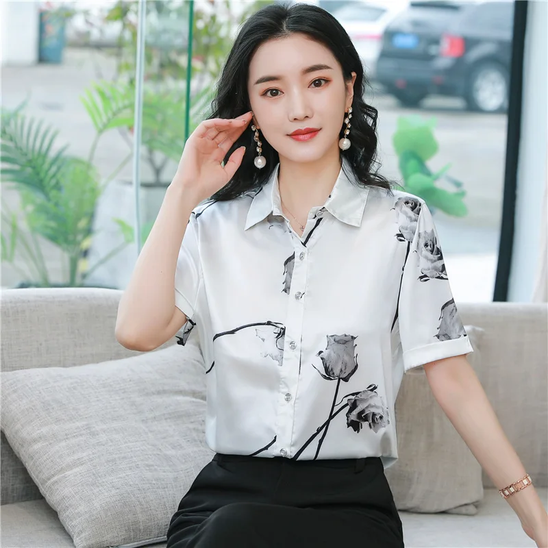 

Summer Korean Women Shirts Woman Short Sleeve Blouse Women Satin Shirt Blouses Office Lady Beige Shirt Tops Plus Size XXL