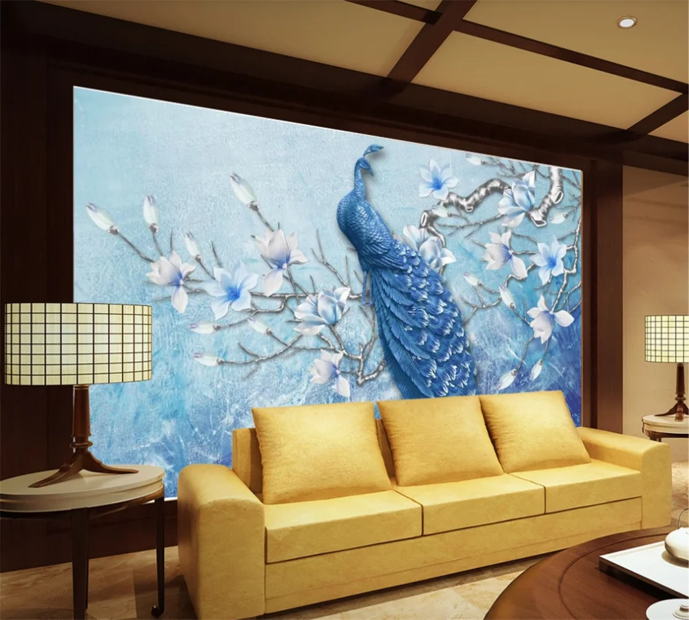 Пользовательские 3D обои роспись новый китайский рельеф синий павлин Магнолия