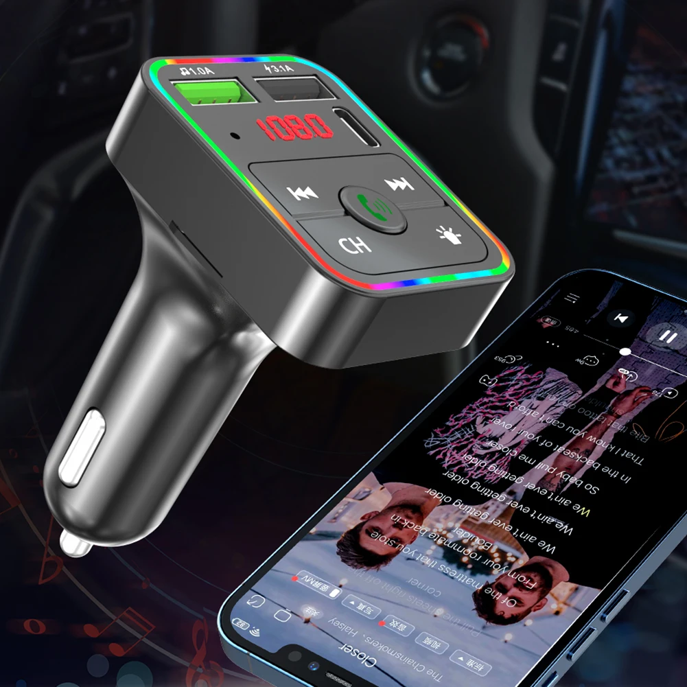 

Автомобильный FM-трансмиттер F2 с Bluetooth и mp3-плеером, зарядное устройство USB с цветной светодиодный Ной подсветкой, быстрое зарядное устройств...