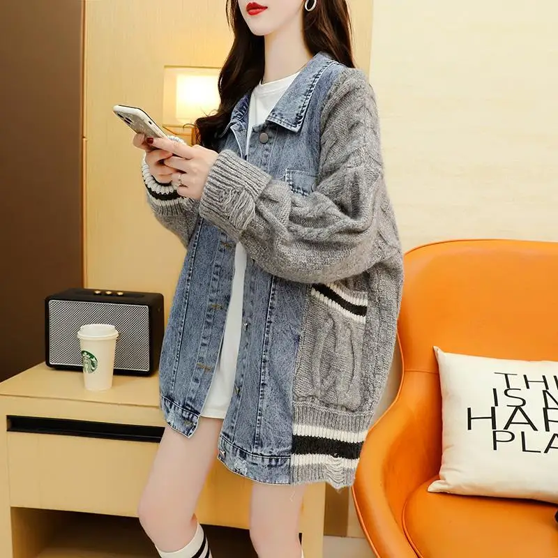 

DAYIFUN женский кардиган оверсайз 2021, свитер с воротником поло, пальто, Лоскутная джинсовая трикотажная корейская мода, толстый теплый трикота...