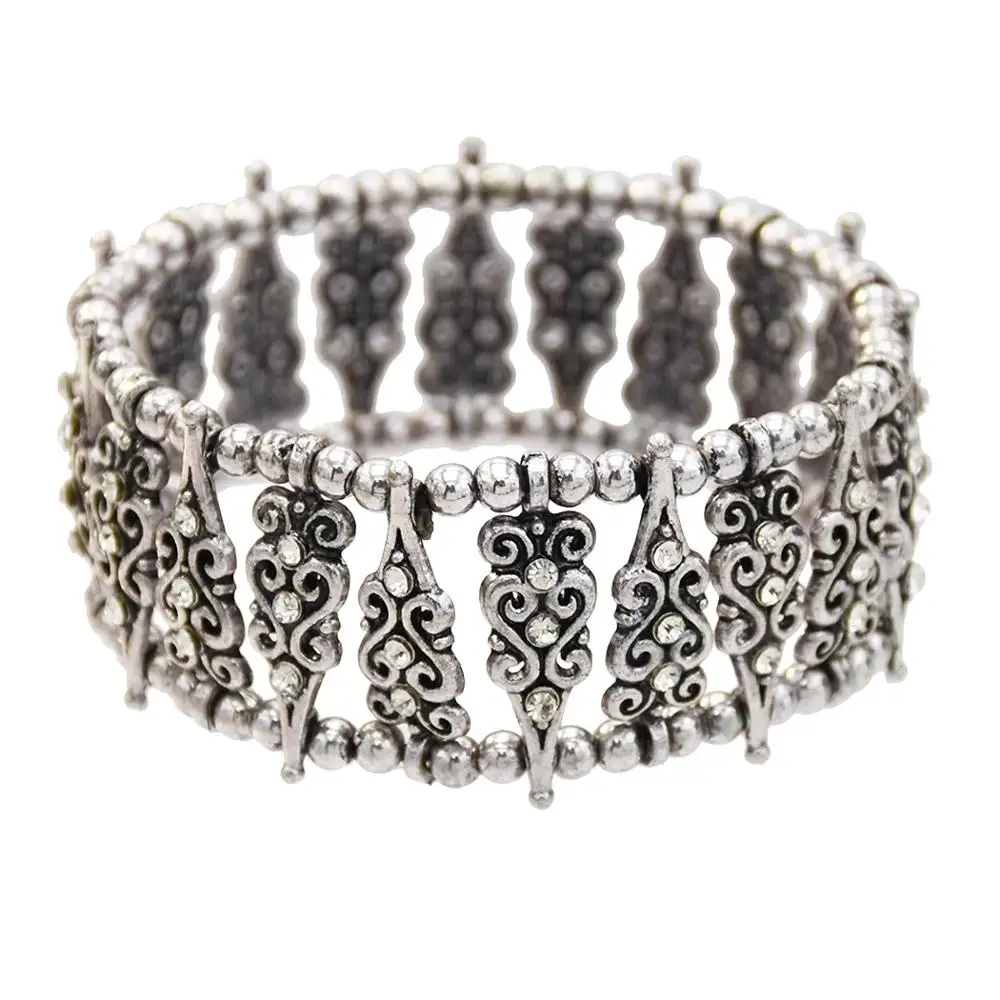 Indian Ethnic Elastic Strand Bracelet Tibetan color Metal Rhinestone Wide Cuff &amp Bangle for Women Vintage boho Turkish | Украшения и