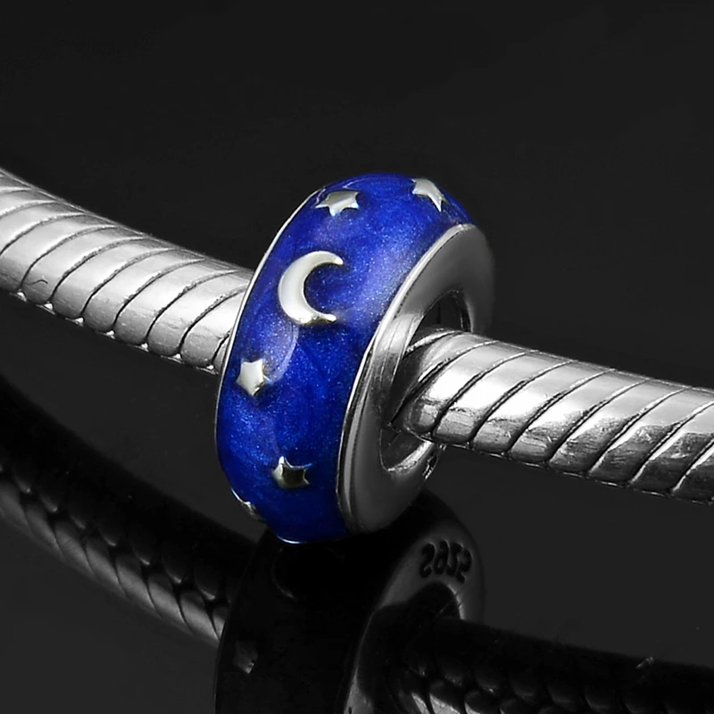 Good Night 925 Sterling Silver Moon Star Blue Enamel Spacer Beads Jewelry Making Fit Original Women europeu Charm Bracelets DIY | Украшения