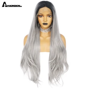 Anogol Grey Wig Long Straight Hair Synthetic Lace Front Wig Glueless Heat Resistant Fiber Wigs For Women Gray Cosplay Wig